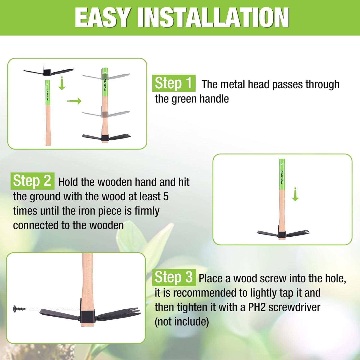 Green 14 WORKPRO Hoe and Cultivator Garden Rake with 14 Wooden Handle, Sharp Hoe Blade & Sturdy 3 Claw Tiller, 2-in-1 Heavy Duty Gardening Hand Tools for Digging, Loosening Soil, Weeding, Cultivating